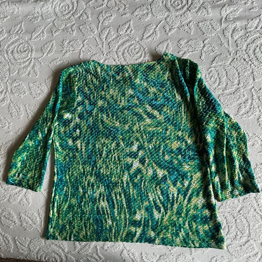 Ruby Rd Crinkled Knit Top XL Green Blue Art Deco Stretch 3/4 Sleeve Cottagecore - Picture 7 of 9